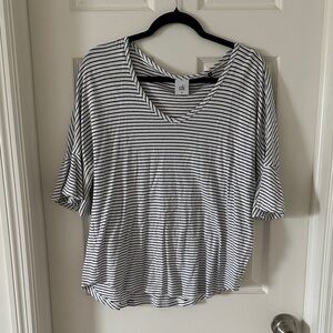 CAbi Black and White Striped V-Neck Tee with Flutter Sleeves